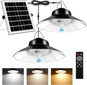 Solar Shed Lights Indoor Outdoor Aqonsie Dual Solar Pendant Daytime Work Lights with 3 Colors Temperature & 5 Lighting Modes 2 Timers, 1200LM Solar Motion Indoor Lights with Remote for Gazebo Barn