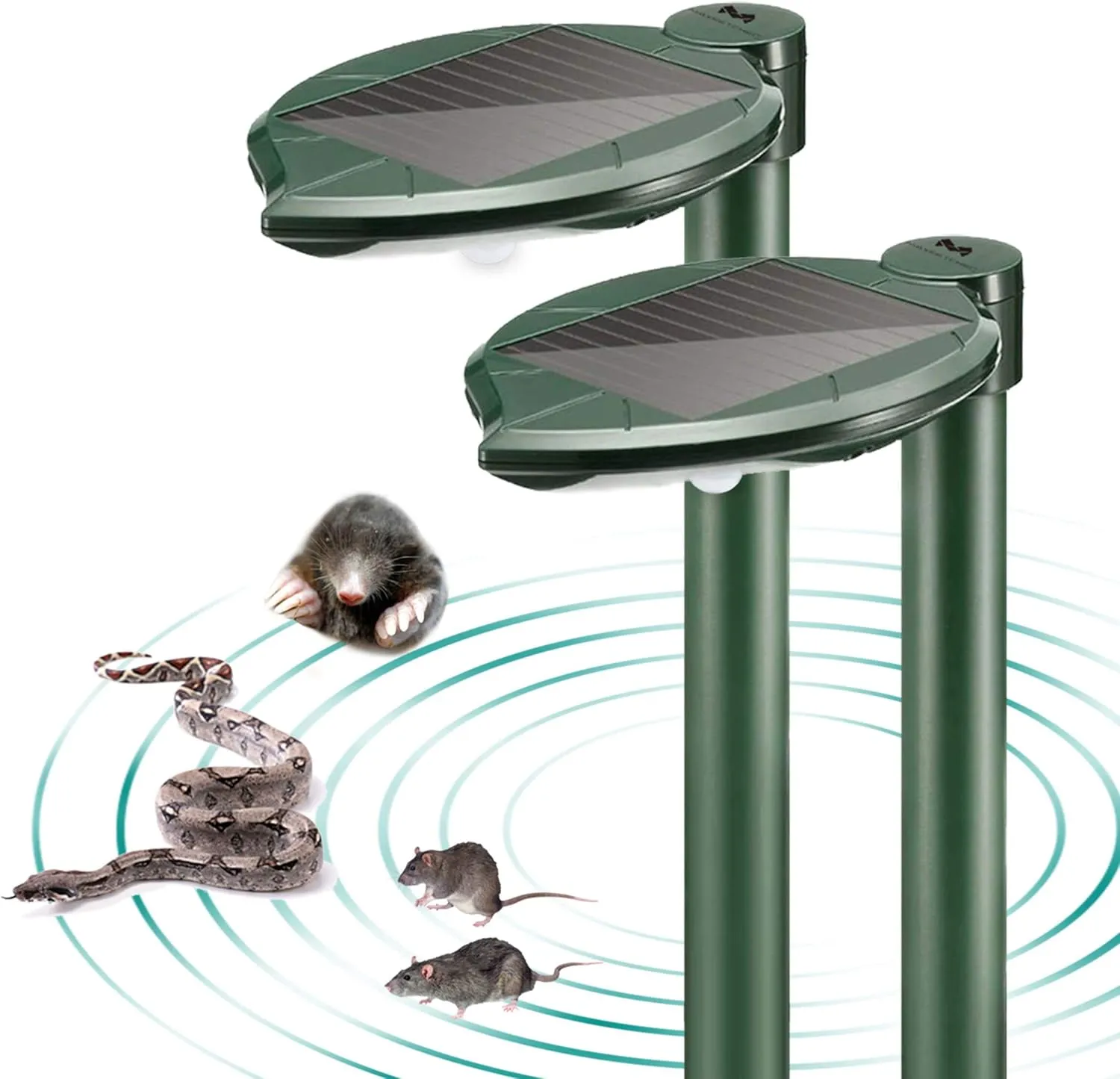 Solar Snake Repellent Ultrasonic Outdoor with LED Light, Sonic Mole Repeller Solar-Powered, Snake Mole Vole Gopher Away for Lawn Yard 2PK