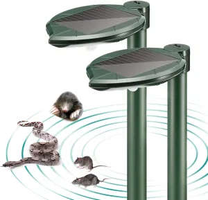 Solar Snake Repellent Ultrasonic Outdoor with LED Light, Sonic Mole Repeller Solar-Powered, Snake Mole Vole Gopher Away for Lawn Yard 2PK