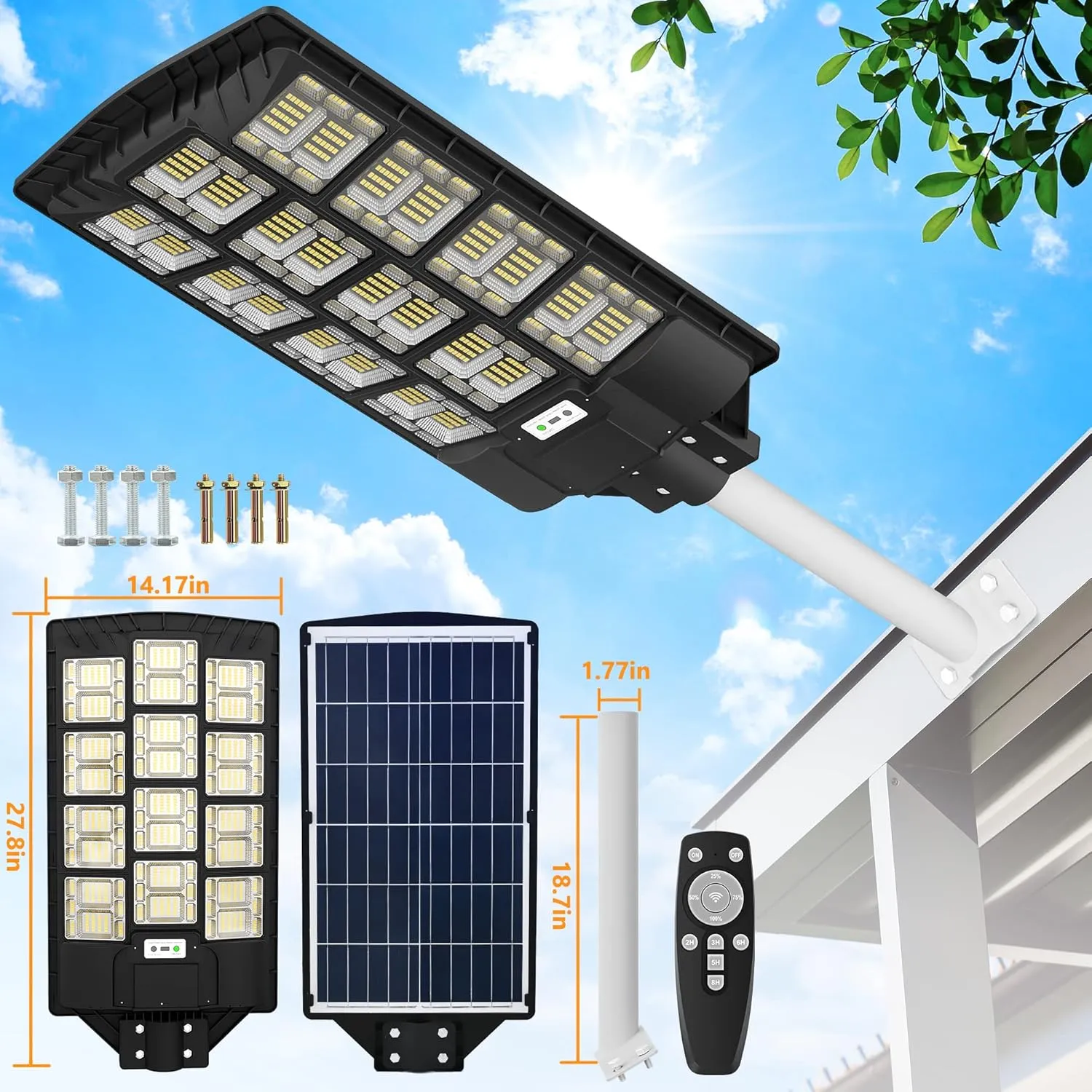 Solar Street Lights Outdoor Waterproof,1200W/100000LM Outdoor Led Street Light Dusk to Dawn,Street Lights Solar Powered with Motion Sensor and Remote Control for Parking Lot,Yard,Garden, Field