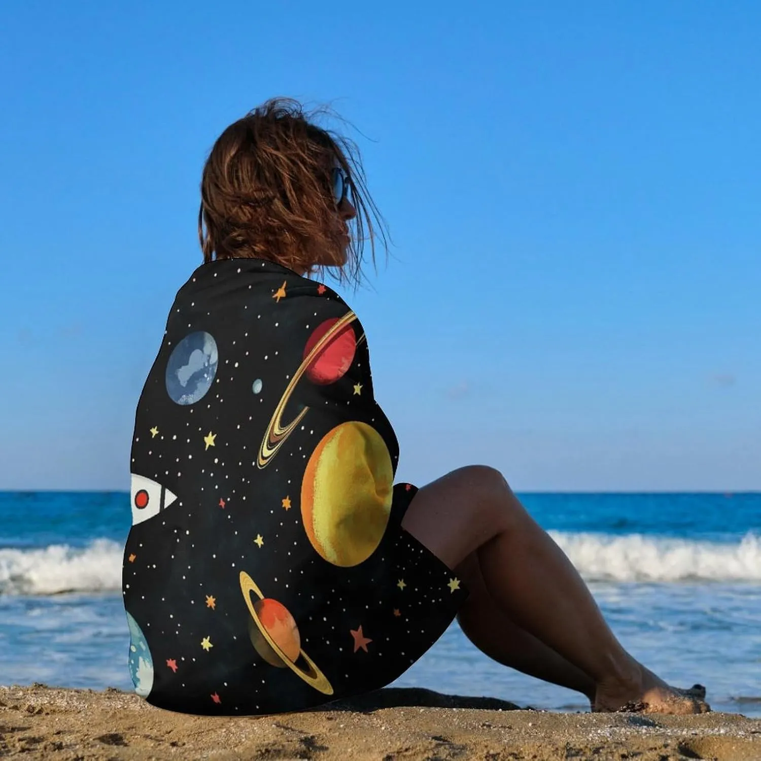 Space Theme Planets Astronauts Earth Spacecraft Beach Towel Sand Free Microfiber Large Shower Towels Multipurpose Absorbent for Bathroom Pool 52x32 Inch