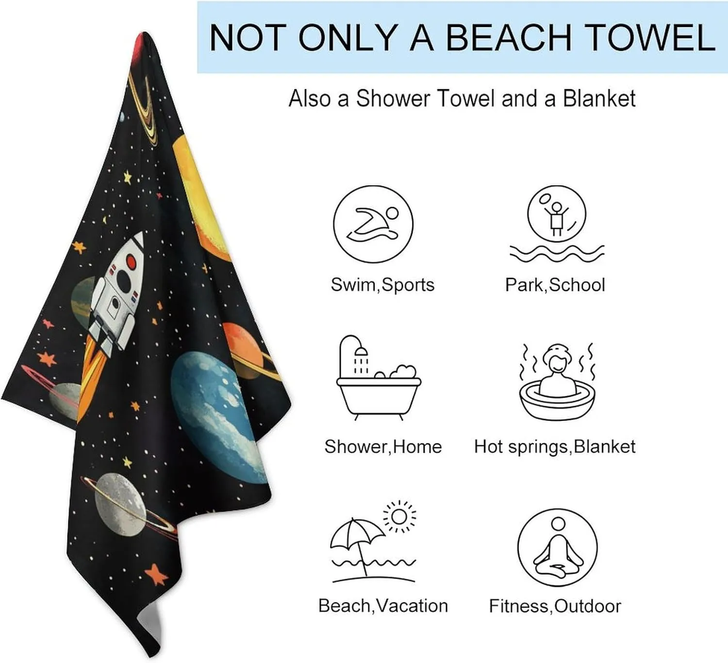 Space Theme Planets Astronauts Earth Spacecraft Beach Towel Sand Free Microfiber Large Shower Towels Multipurpose Absorbent for Bathroom Pool 52x32 Inch