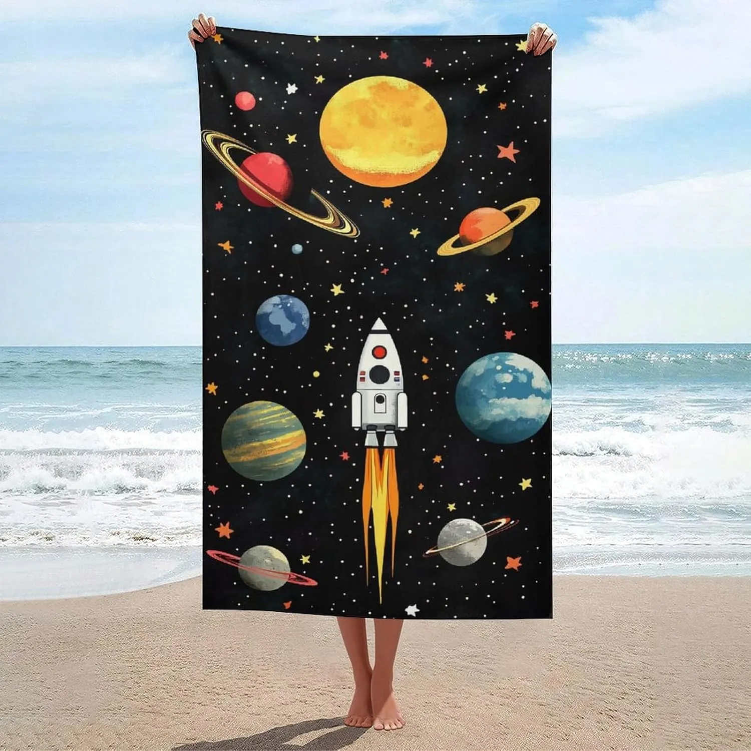 Space Theme Planets Astronauts Earth Spacecraft Beach Towel Sand Free Microfiber Large Shower Towels Multipurpose Absorbent for Bathroom Pool 52x32 Inch