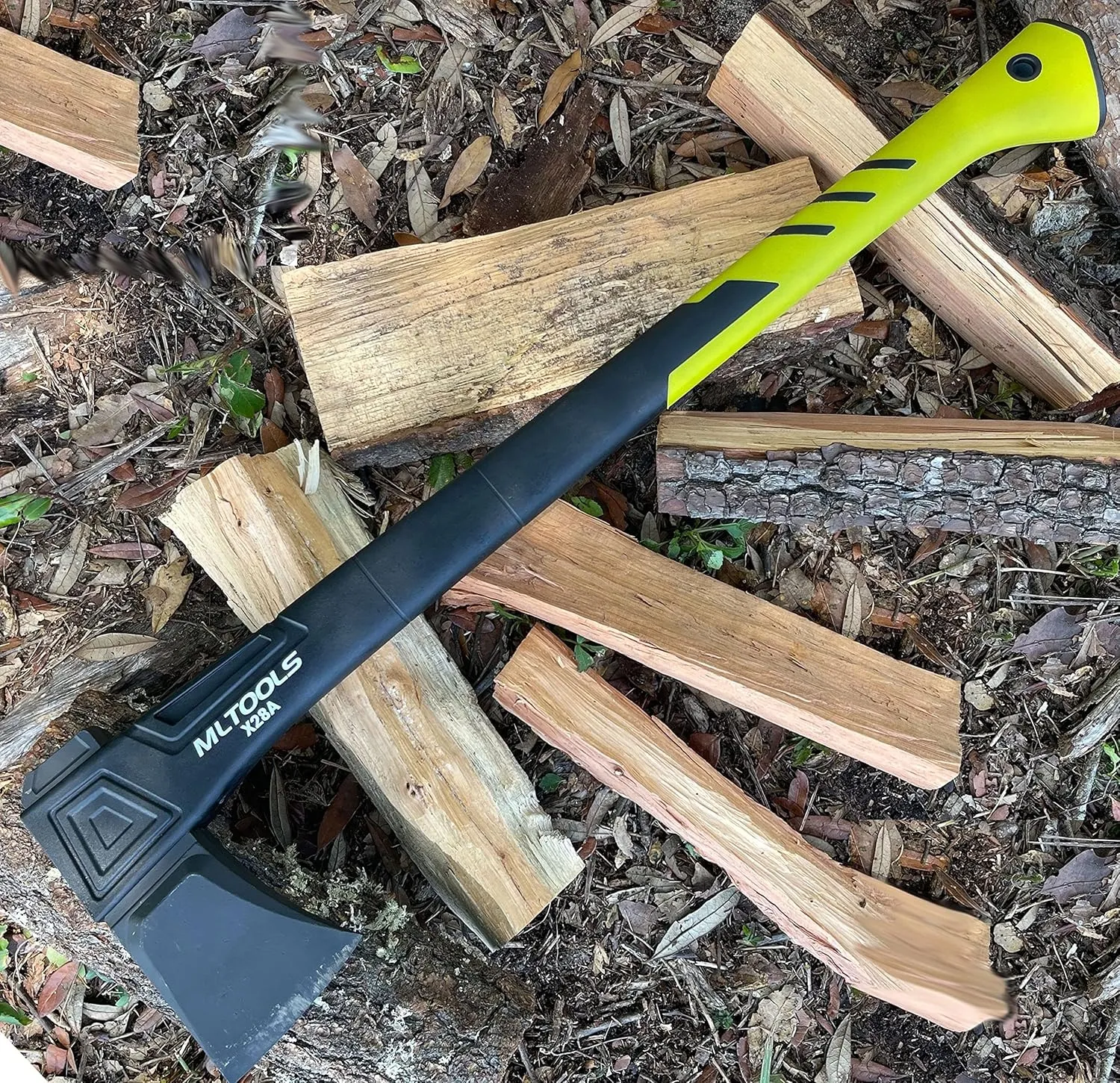 Splitting Axe X28A - Camping Axe with Fiberglass Ergonomic Handle, High Carbon Steel Head - Torque & Weatherproof Survival Axes and Hatchets - Non-Slip Grip - Protection Guard & Lock - 28”