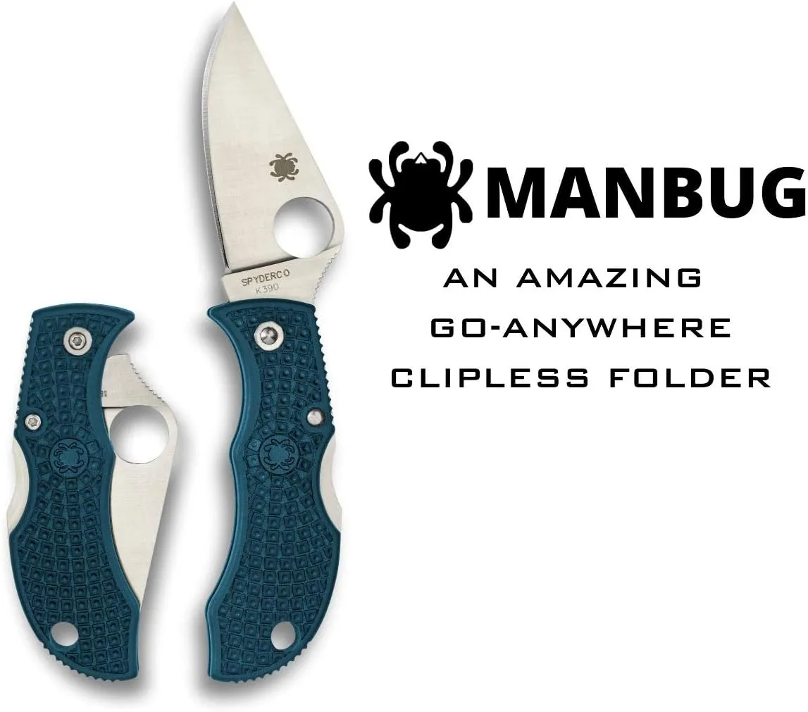 Spyderco Manbug Lightweight Folding Utility Pocket Knife with 1.97" K390 Stainless Steel Blade and High-Strength Blue FRN Handle - PlainEdge - MFPK390
