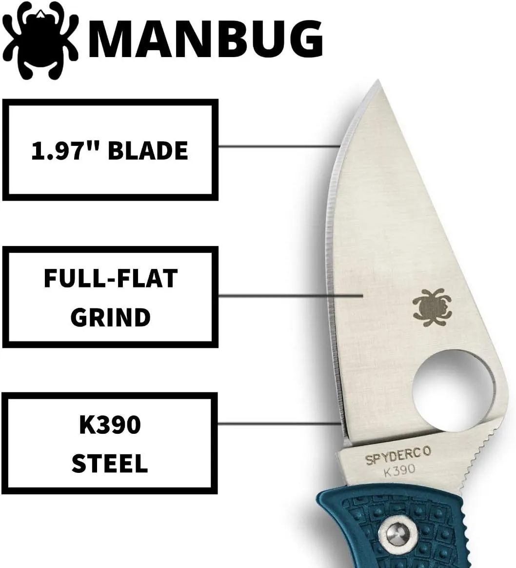 Spyderco Manbug Lightweight Folding Utility Pocket Knife with 1.97" K390 Stainless Steel Blade and High-Strength Blue FRN Handle - PlainEdge - MFPK390