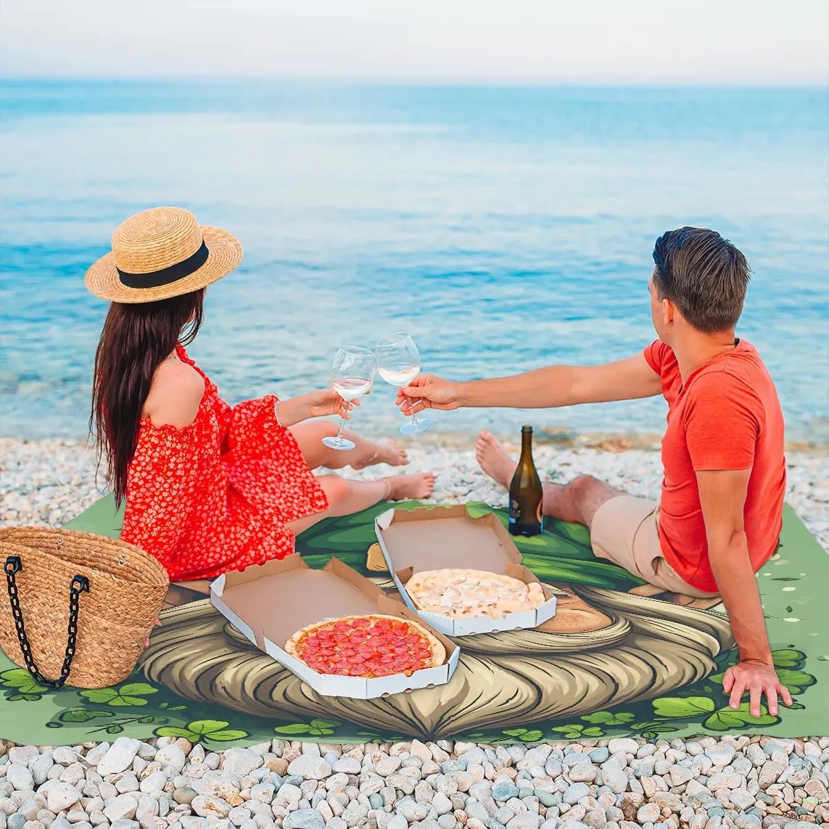 St. Patrick's Day Beach Blanket, Sandproof Beach Mat, 68 x 59 Waterproof Quick Drying Sand Free Mat with 4 x Ground Spikes for Outdoor Travel Camping Hiking, St Patricks Day Gnomes Clover