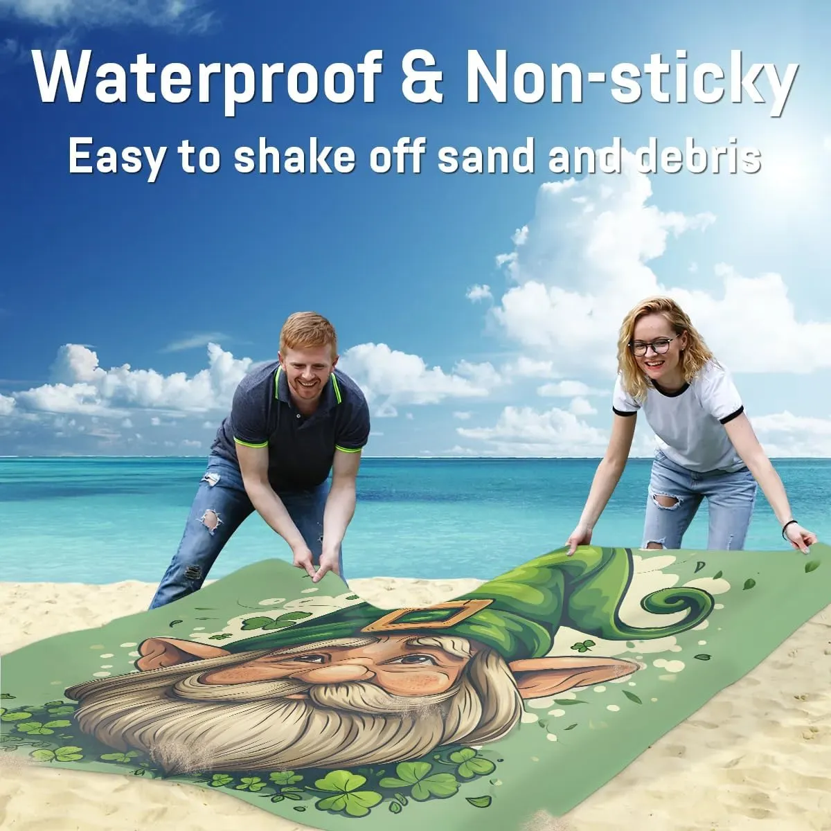 St. Patrick's Day Beach Blanket, Sandproof Beach Mat, 68 x 59 Waterproof Quick Drying Sand Free Mat with 4 x Ground Spikes for Outdoor Travel Camping Hiking, St Patricks Day Gnomes Clover