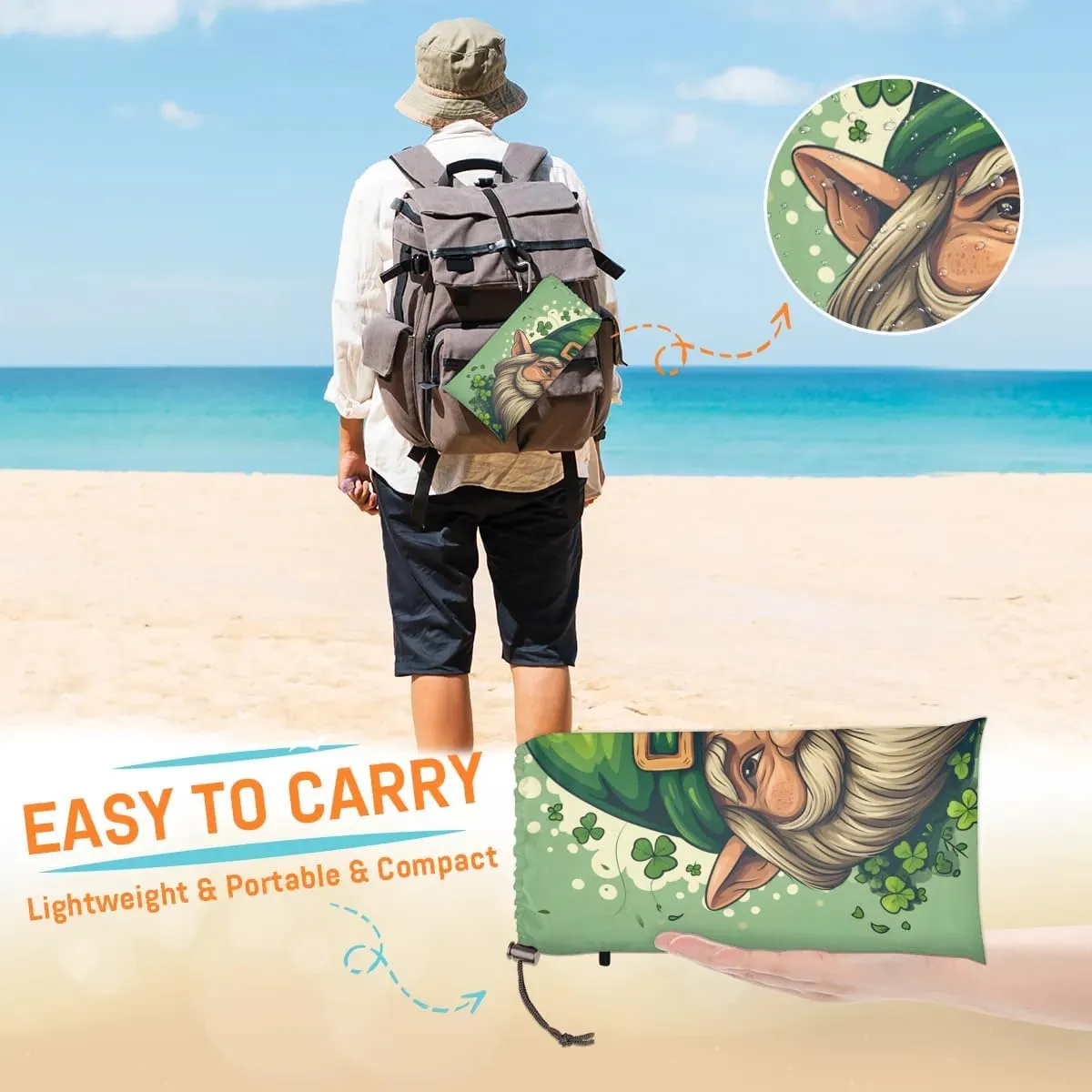 St. Patrick's Day Beach Blanket, Sandproof Beach Mat, 68 x 59 Waterproof Quick Drying Sand Free Mat with 4 x Ground Spikes for Outdoor Travel Camping Hiking, St Patricks Day Gnomes Clover