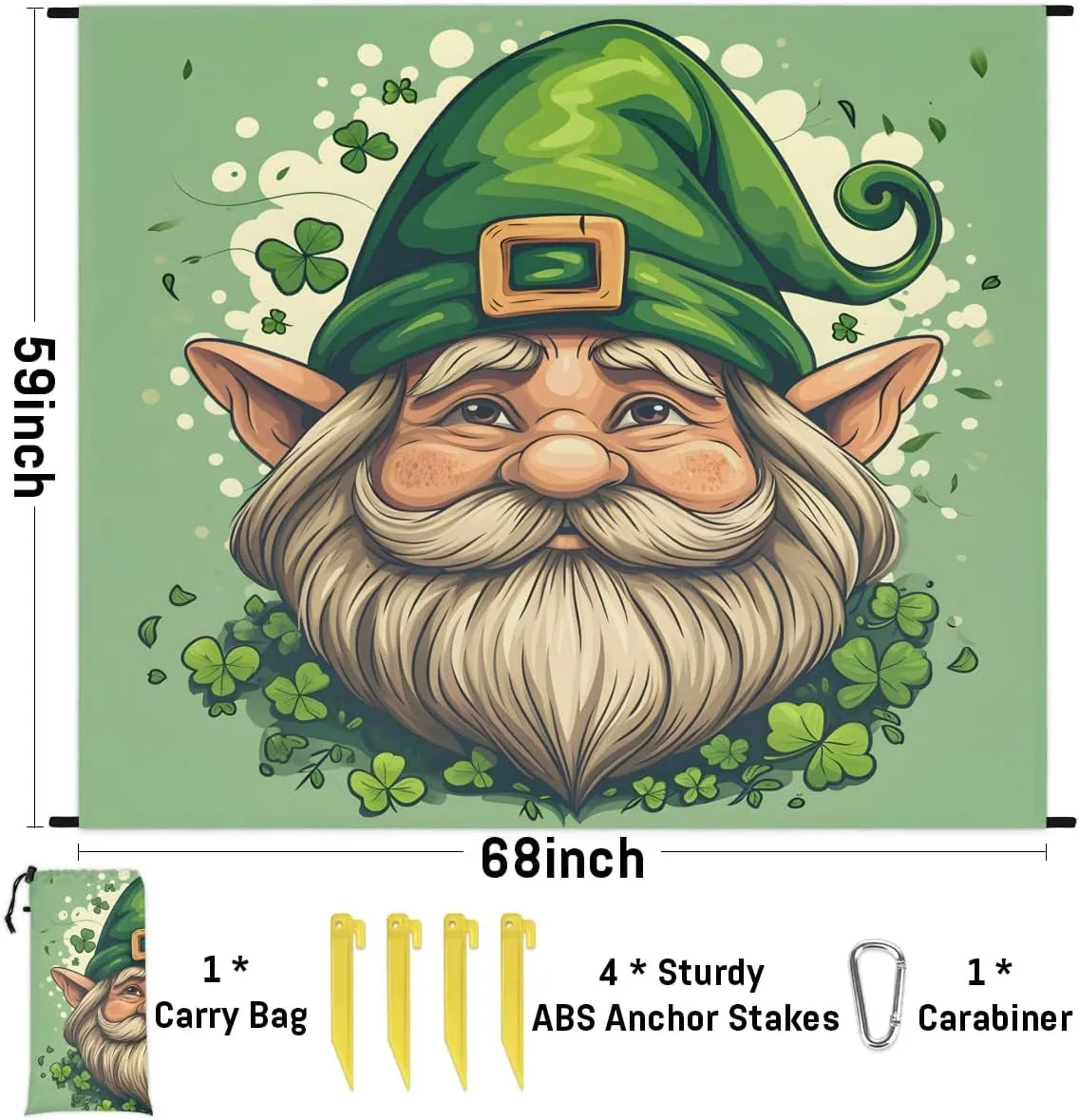 St. Patrick's Day Beach Blanket, Sandproof Beach Mat, 68 x 59 Waterproof Quick Drying Sand Free Mat with 4 x Ground Spikes for Outdoor Travel Camping Hiking, St Patricks Day Gnomes Clover