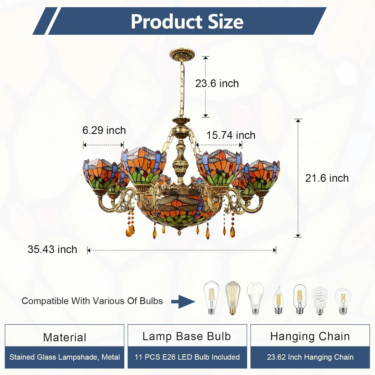Stained Glass Tiffany Chandelier 11 Lights Pendant Light Chain Adjustable Victorian Hang Lighting Fixtures for Living Dining Room Hotel,35 Inch