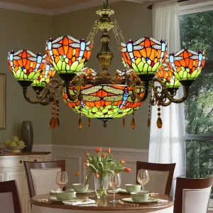 Stained Glass Tiffany Chandelier 11 Lights Pendant Light Chain Adjustable Victorian Hang Lighting Fixtures for Living Dining Room Hotel,35 Inch