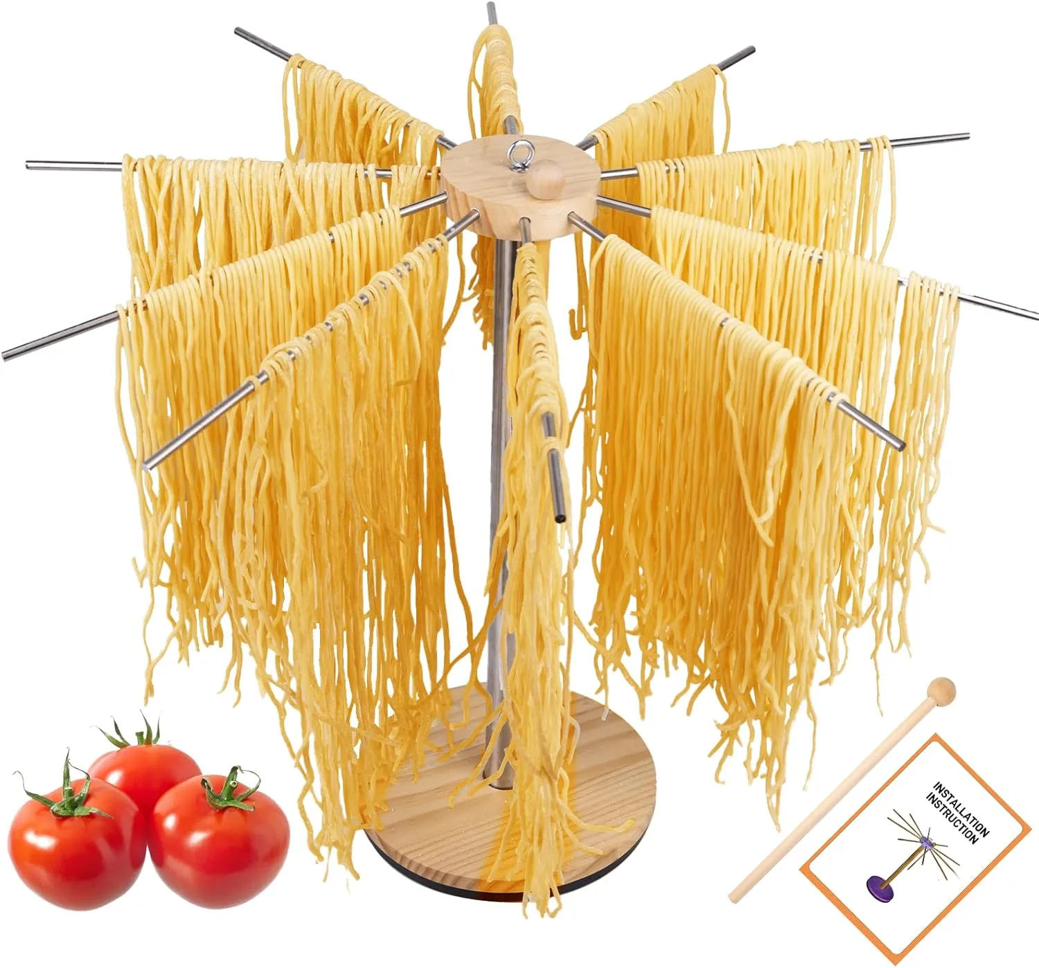 Stainless Collapsible Pasta Drying Rack,Essential for Homemade Pasta,Dryer Hanger Stand to Dry the Pasta Noodle Spaghetti,10 Arms(Hold up to 7 lbs),Transfer Wand for Pasta Maker,Rustic