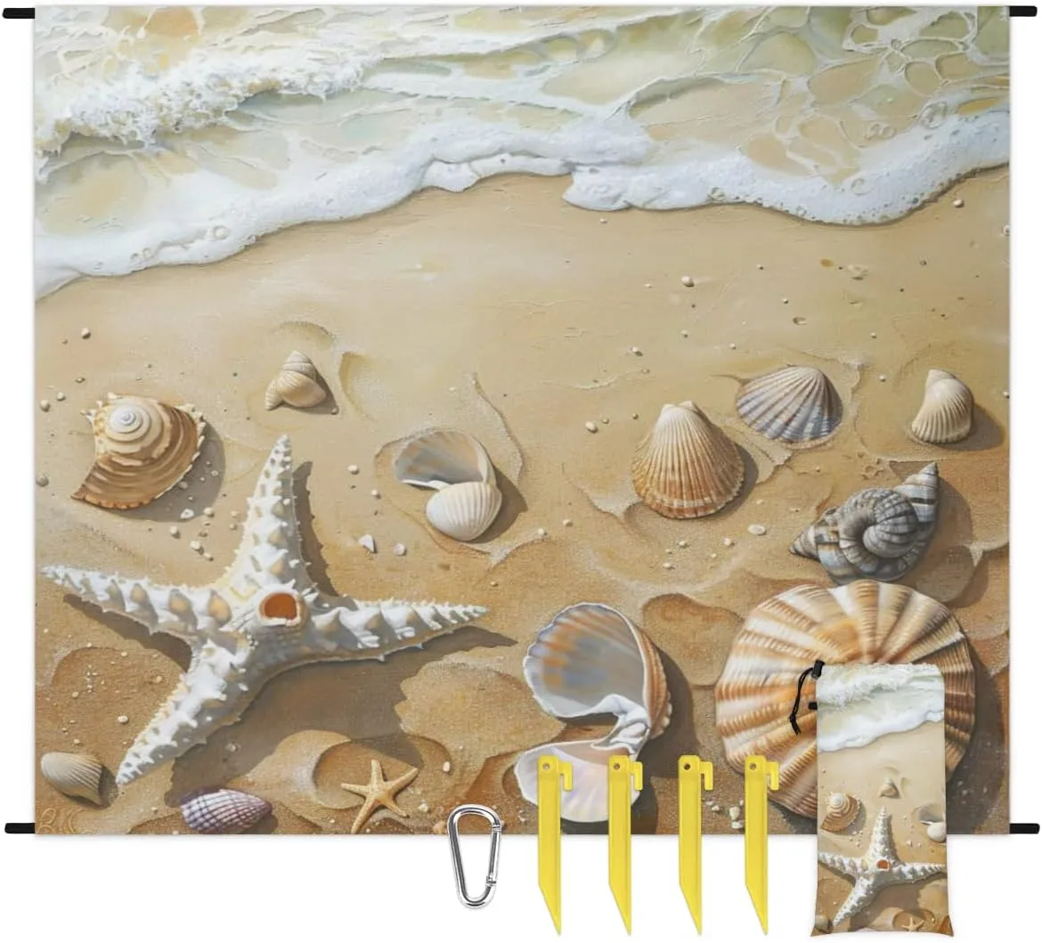 Starfish Beach Beach Blanket, Sandproof Beach Mat, Adults Waterproof Quick Drying Sand Free Mat with 4 x Ground Spikes for Outdoor Travel Camping Hiking, Seashell Hawaiia Tropical