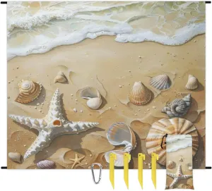 Starfish Beach Beach Blanket, Sandproof Beach Mat, Adults Waterproof Quick Drying Sand Free Mat with 4 x Ground Spikes for Outdoor Travel Camping Hiking, Seashell Hawaiia Tropical