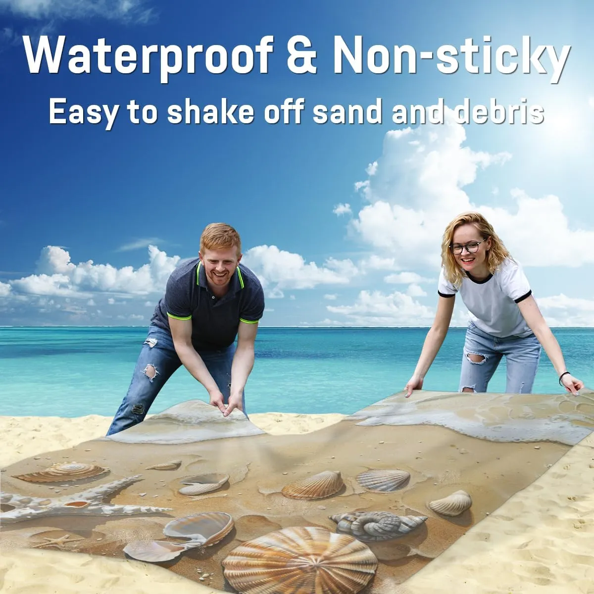 Starfish Beach Beach Blanket, Sandproof Beach Mat, Adults Waterproof Quick Drying Sand Free Mat with 4 x Ground Spikes for Outdoor Travel Camping Hiking, Seashell Hawaiia Tropical