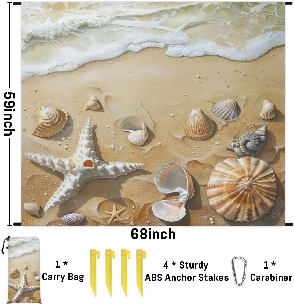 Starfish Beach Beach Blanket, Sandproof Beach Mat, Adults Waterproof Quick Drying Sand Free Mat with 4 x Ground Spikes for Outdoor Travel Camping Hiking, Seashell Hawaiia Tropical