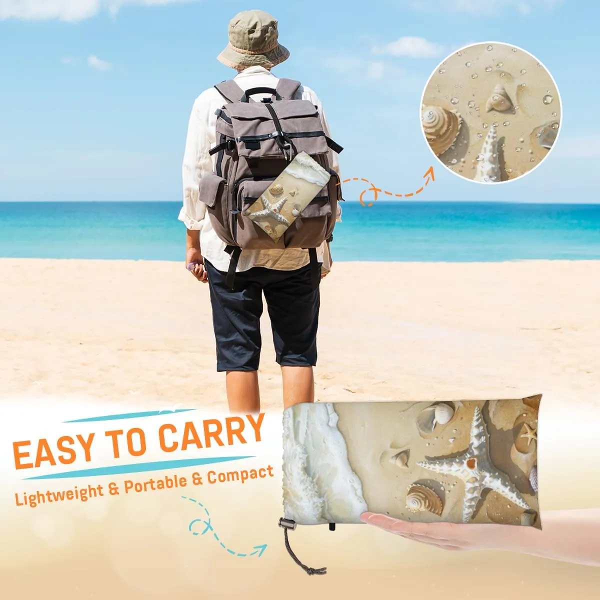 Starfish Beach Beach Blanket, Sandproof Beach Mat, Adults Waterproof Quick Drying Sand Free Mat with 4 x Ground Spikes for Outdoor Travel Camping Hiking, Seashell Hawaiia Tropical