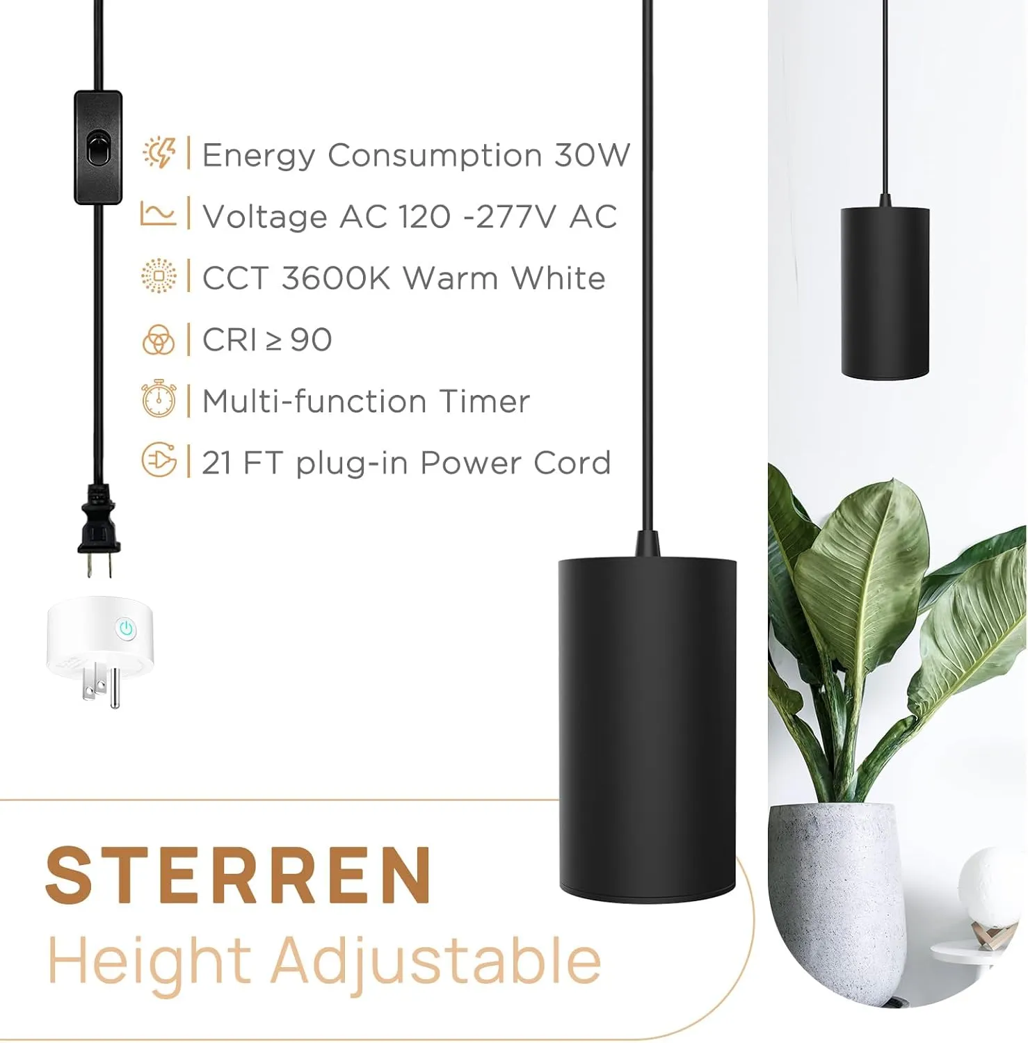 STERREN Hanging Grow Lights,Plug in Pendant Light for Indoor Plants,Full Spectrum Plant Light with ON/Off Switch, Auto Timer Decorative LED Grow Light with 21 FT Power Cord