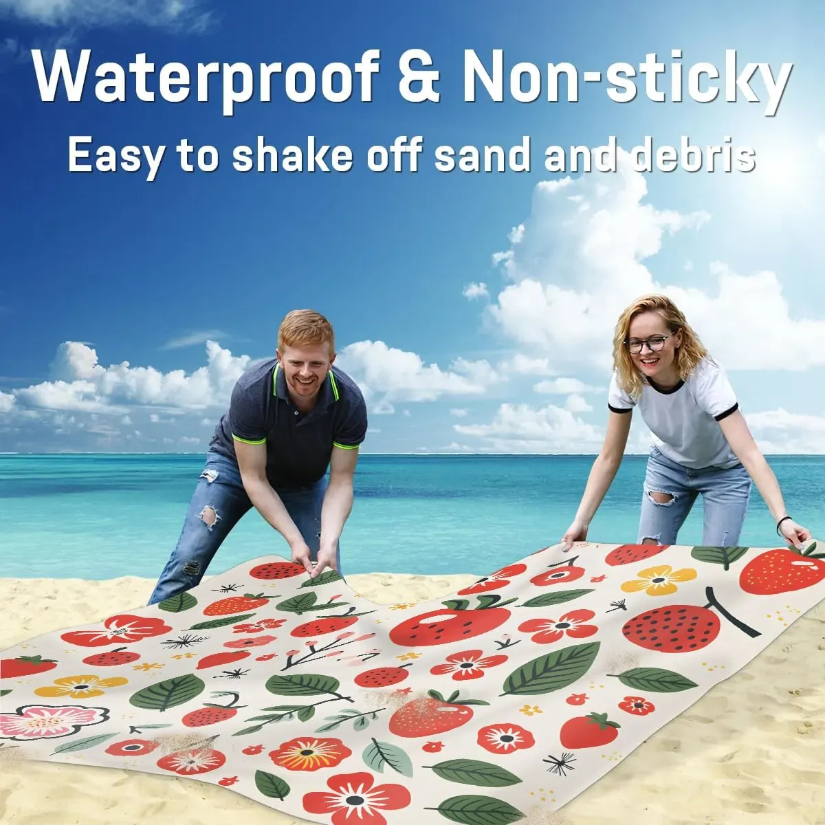 Strawberry Print Beach Blanket, Sandproof Beach Mat, 68 x 59 Waterproof Quick Drying Sand Free Mat with 4 x Ground Spikes for Outdoor Travel Camping Hiking, Flowers