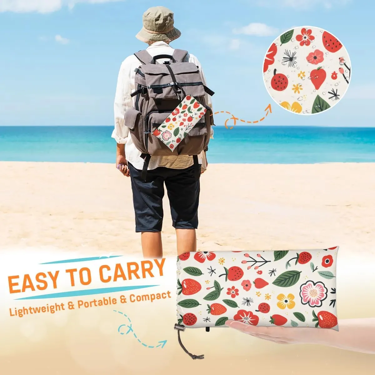 Strawberry Print Beach Blanket, Sandproof Beach Mat, 68 x 59 Waterproof Quick Drying Sand Free Mat with 4 x Ground Spikes for Outdoor Travel Camping Hiking, Flowers
