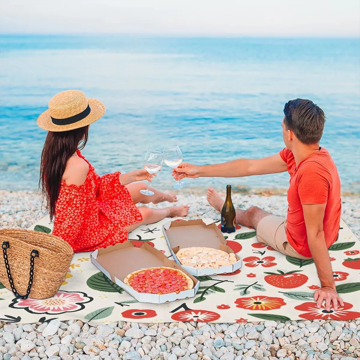 Strawberry Print Beach Blanket, Sandproof Beach Mat, 68 x 59 Waterproof Quick Drying Sand Free Mat with 4 x Ground Spikes for Outdoor Travel Camping Hiking, Flowers