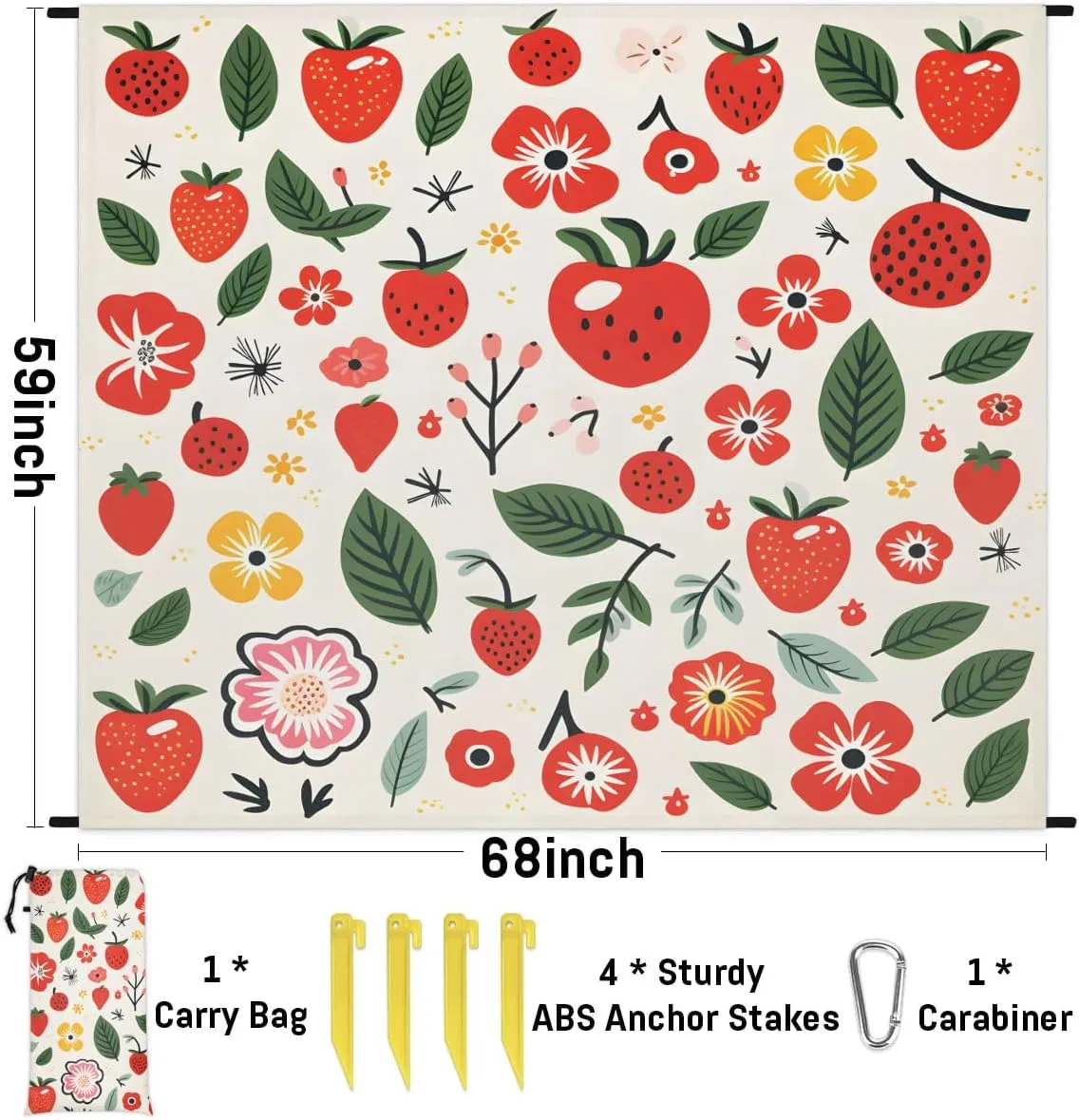 Strawberry Print Beach Blanket, Sandproof Beach Mat, 68 x 59 Waterproof Quick Drying Sand Free Mat with 4 x Ground Spikes for Outdoor Travel Camping Hiking, Flowers
