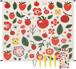 Strawberry Print Beach Blanket, Sandproof Beach Mat, 68 x 59 Waterproof Quick Drying Sand Free Mat with 4 x Ground Spikes for Outdoor Travel Camping Hiking, Flowers