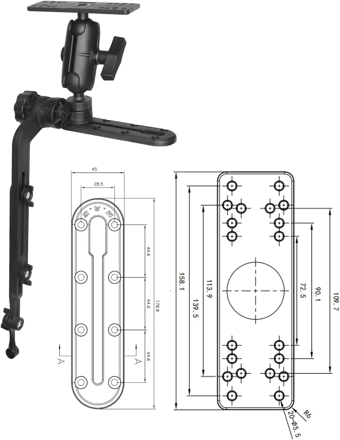 Strg Fish Finder Mount for Kayak, Fish Finder Transducer Mount with Rectangle Mounting Plate and Transducer Mounting Arm Boat Marine Electronic Mounts Compatible with Garmin, Lowrance and More