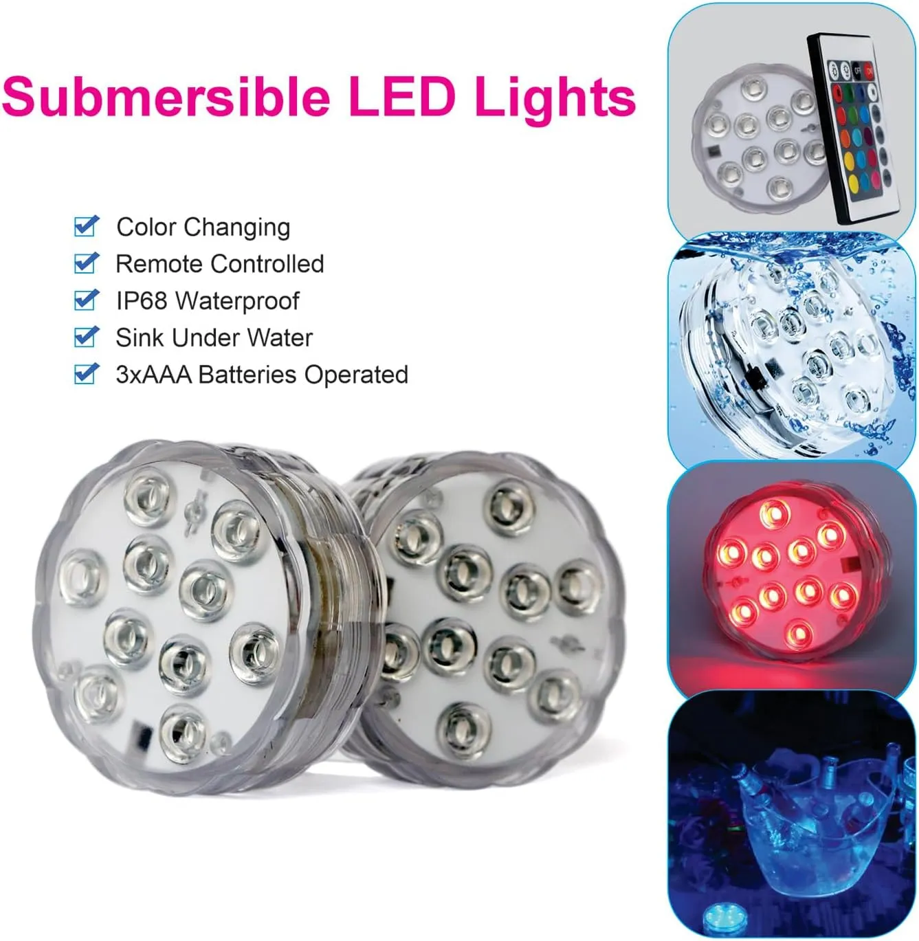 Submersible LED Lights with Remote, 13 Colors 4 Modes Battery Operated Underwater LED Light Pucks for Pool Hot Tub Bathtub (4 Packs)