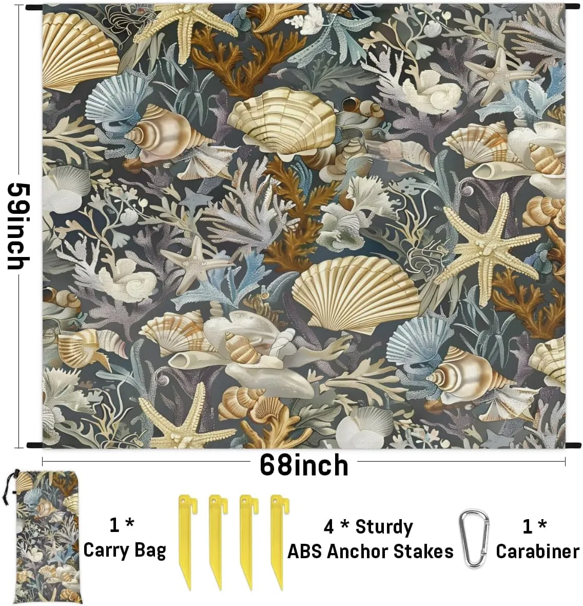 Summer Beach Seashell Beach Blanket, Sandproof Beach Mat, Adults Waterproof Quick Drying Sand Free Mat with 4 x Ground Spikes for Outdoor Travel Camping Hiking, Shell Beach