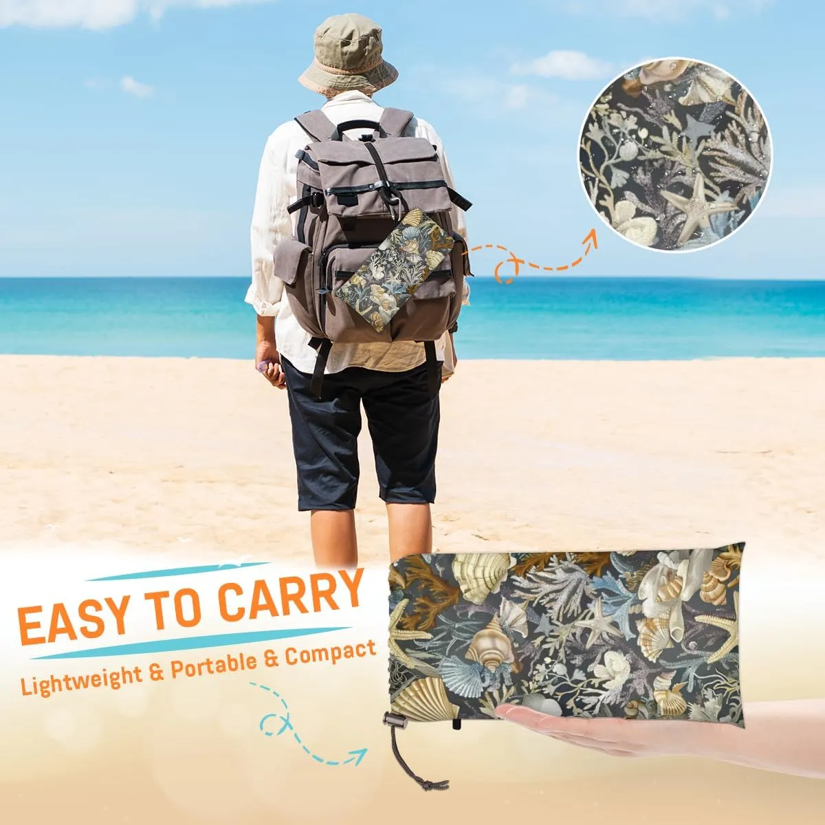 Summer Beach Seashell Beach Blanket, Sandproof Beach Mat, Adults Waterproof Quick Drying Sand Free Mat with 4 x Ground Spikes for Outdoor Travel Camping Hiking, Shell Beach