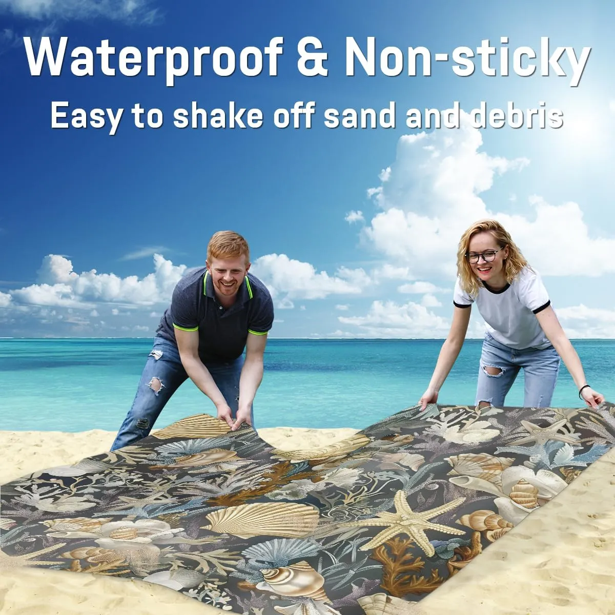 Summer Beach Seashell Beach Blanket, Sandproof Beach Mat, Adults Waterproof Quick Drying Sand Free Mat with 4 x Ground Spikes for Outdoor Travel Camping Hiking, Shell Beach