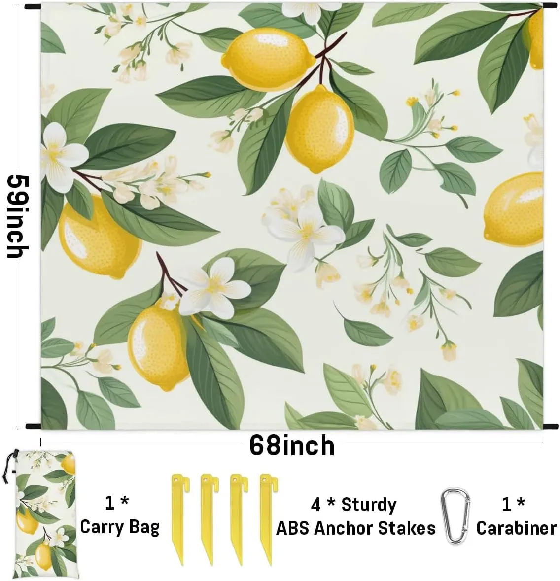 Summer Lemon Flower Beach Blanket, Sandproof Beach Mat, 68 x 59 Waterproof Quick Drying Sand Free Mat with 4 x Ground Spikes for Outdoor Travel Camping Hiking, Lemon