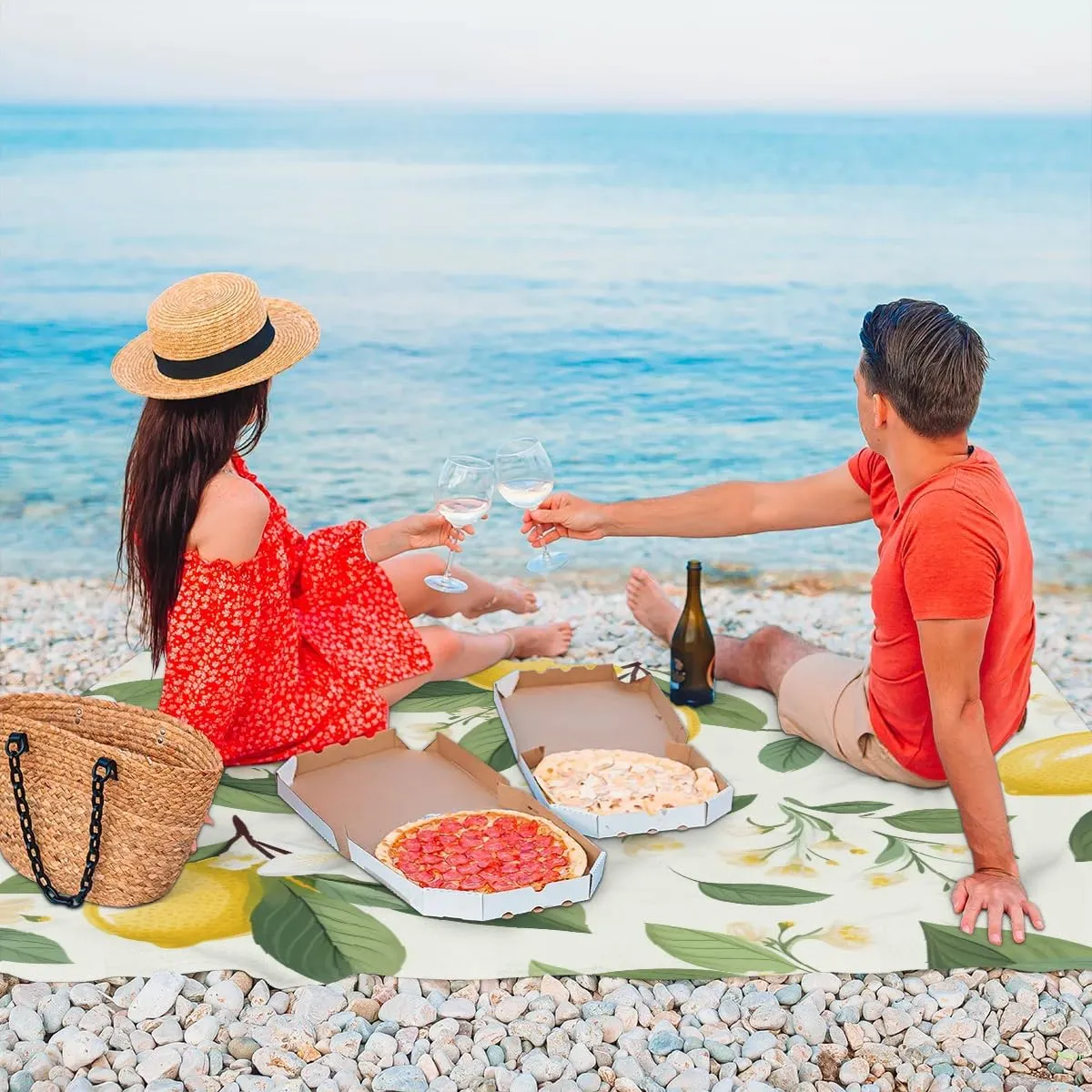 Summer Lemon Flower Beach Blanket, Sandproof Beach Mat, 68 x 59 Waterproof Quick Drying Sand Free Mat with 4 x Ground Spikes for Outdoor Travel Camping Hiking, Lemon