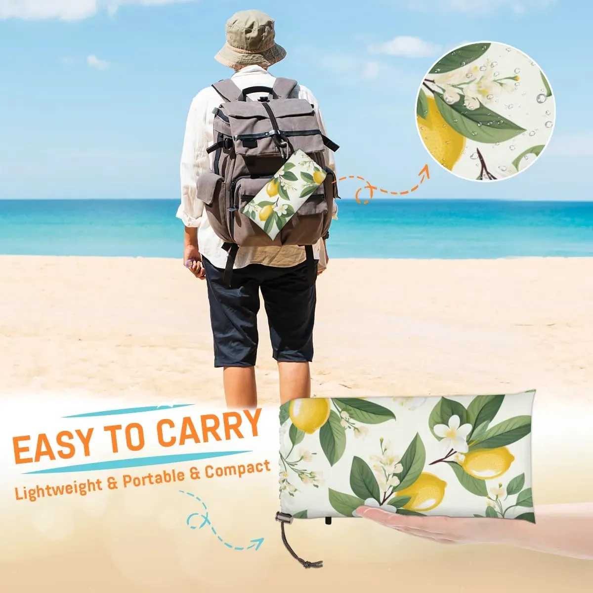 Summer Lemon Flower Beach Blanket, Sandproof Beach Mat, 68 x 59 Waterproof Quick Drying Sand Free Mat with 4 x Ground Spikes for Outdoor Travel Camping Hiking, Lemon