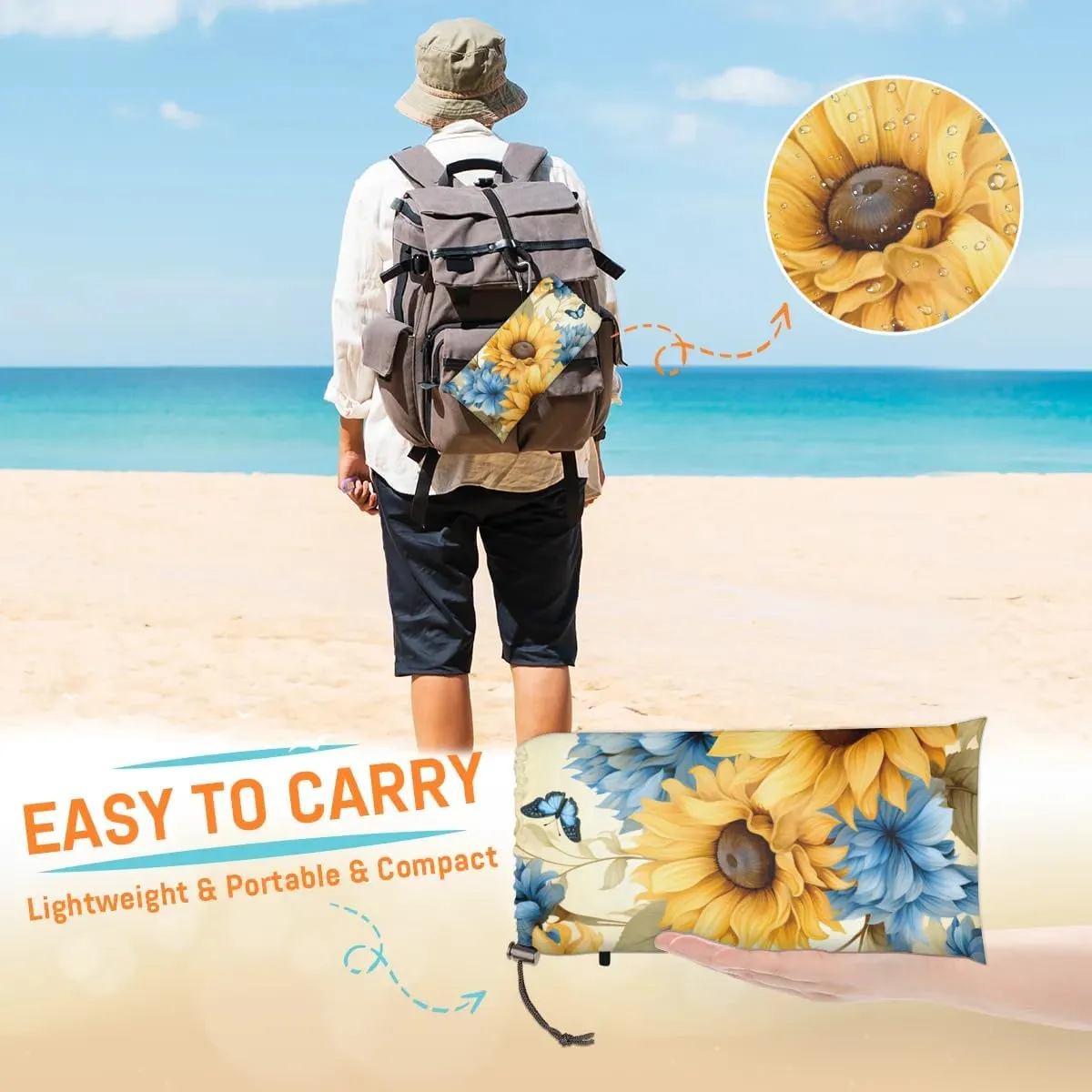 Sunflower Beach Blanket, Sandproof Beach Mat, 68 x 59 Waterproof Quick Drying Sand Free Mat with 4 x Ground Spikes for Outdoor Travel Camping Hiking, Cute Butterflies