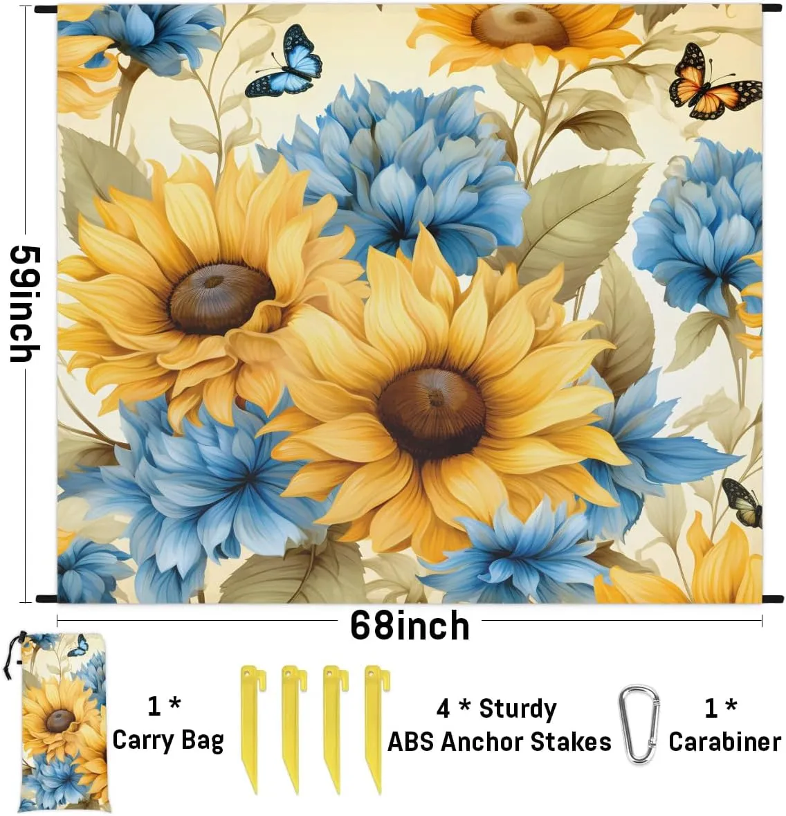 Sunflower Beach Blanket, Sandproof Beach Mat, 68 x 59 Waterproof Quick Drying Sand Free Mat with 4 x Ground Spikes for Outdoor Travel Camping Hiking, Cute Butterflies