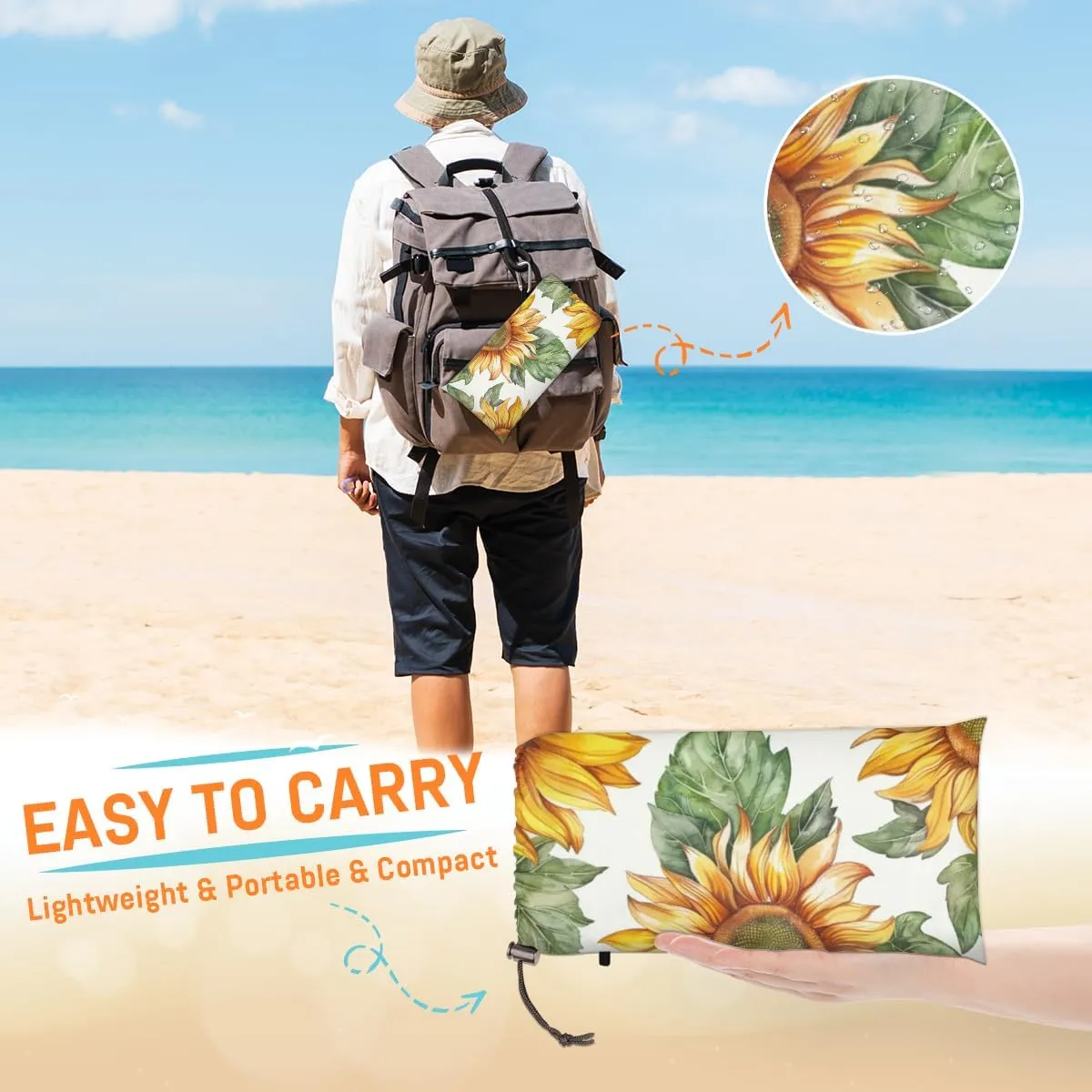 Sunflower Beach Blanket, Sandproof Beach Mat, Adults Waterproof Quick Drying Sand Free Mat with 4 x Ground Spikes for Outdoor Travel Camping Hiking, Floral Farmhouse Country