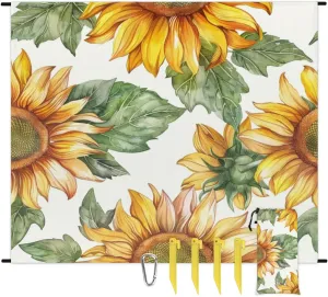 Sunflower Beach Blanket, Sandproof Beach Mat, Adults Waterproof Quick Drying Sand Free Mat with 4 x Ground Spikes for Outdoor Travel Camping Hiking, Floral Farmhouse Country