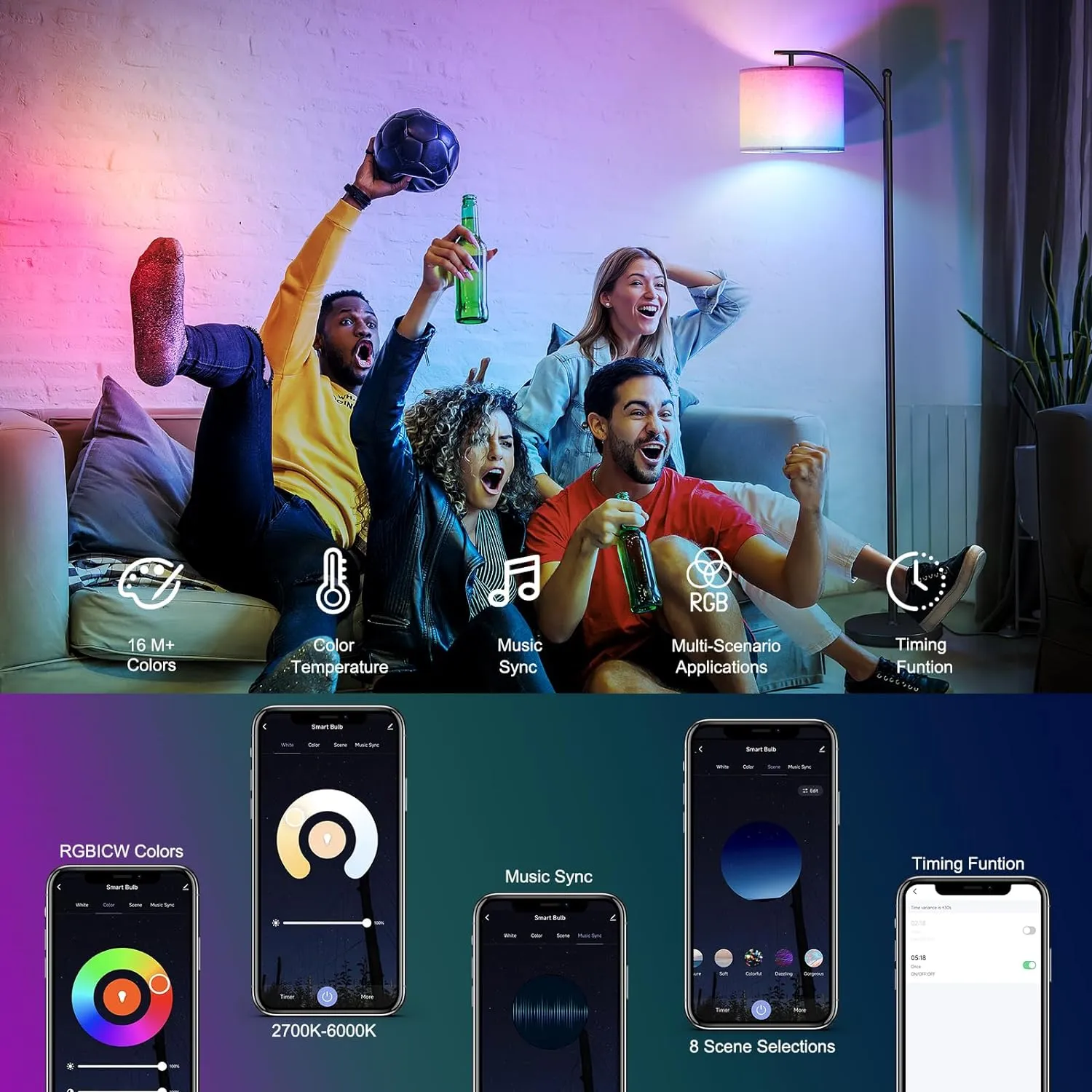 SUNMORY ARC Floor lamp, Smart APP Remote Control Standing Floor lamp with RGB Bulb, Tall Lamp with Hanging Lampshade, Dimmable Floor Lamp, Modern Floor Lamps for Living Room, Bedroom, Office
