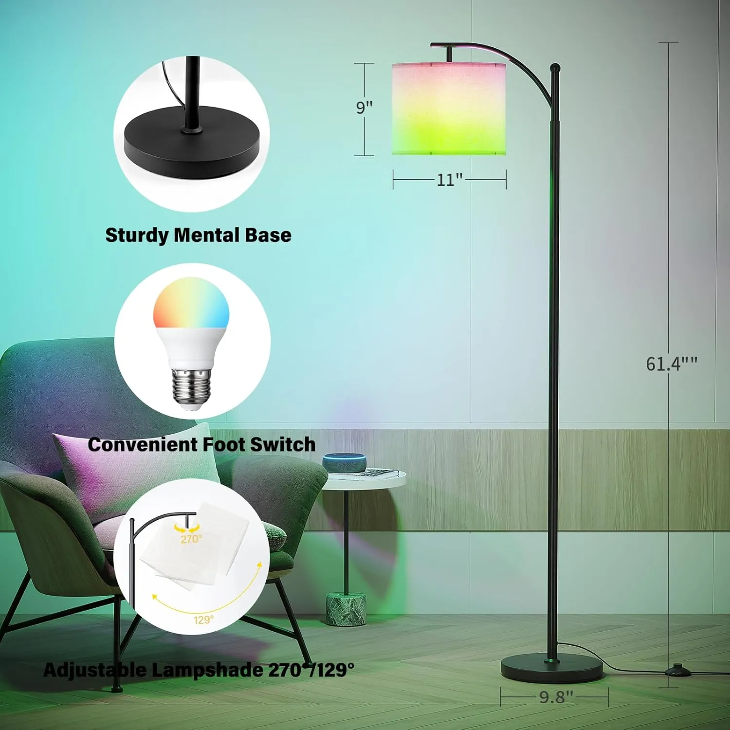 SUNMORY ARC Floor lamp, Smart APP Remote Control Standing Floor lamp with RGB Bulb, Tall Lamp with Hanging Lampshade, Dimmable Floor Lamp, Modern Floor Lamps for Living Room, Bedroom, Office