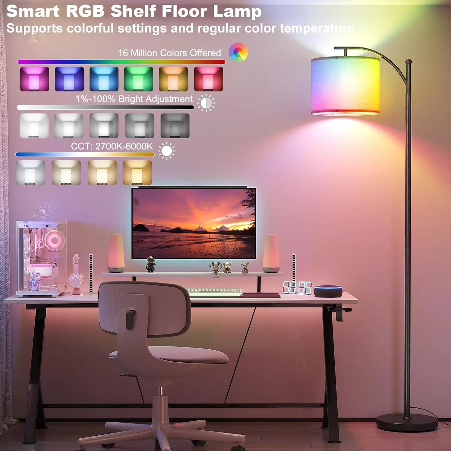 SUNMORY ARC Floor lamp, Smart APP Remote Control Standing Floor lamp with RGB Bulb, Tall Lamp with Hanging Lampshade, Dimmable Floor Lamp, Modern Floor Lamps for Living Room, Bedroom, Office