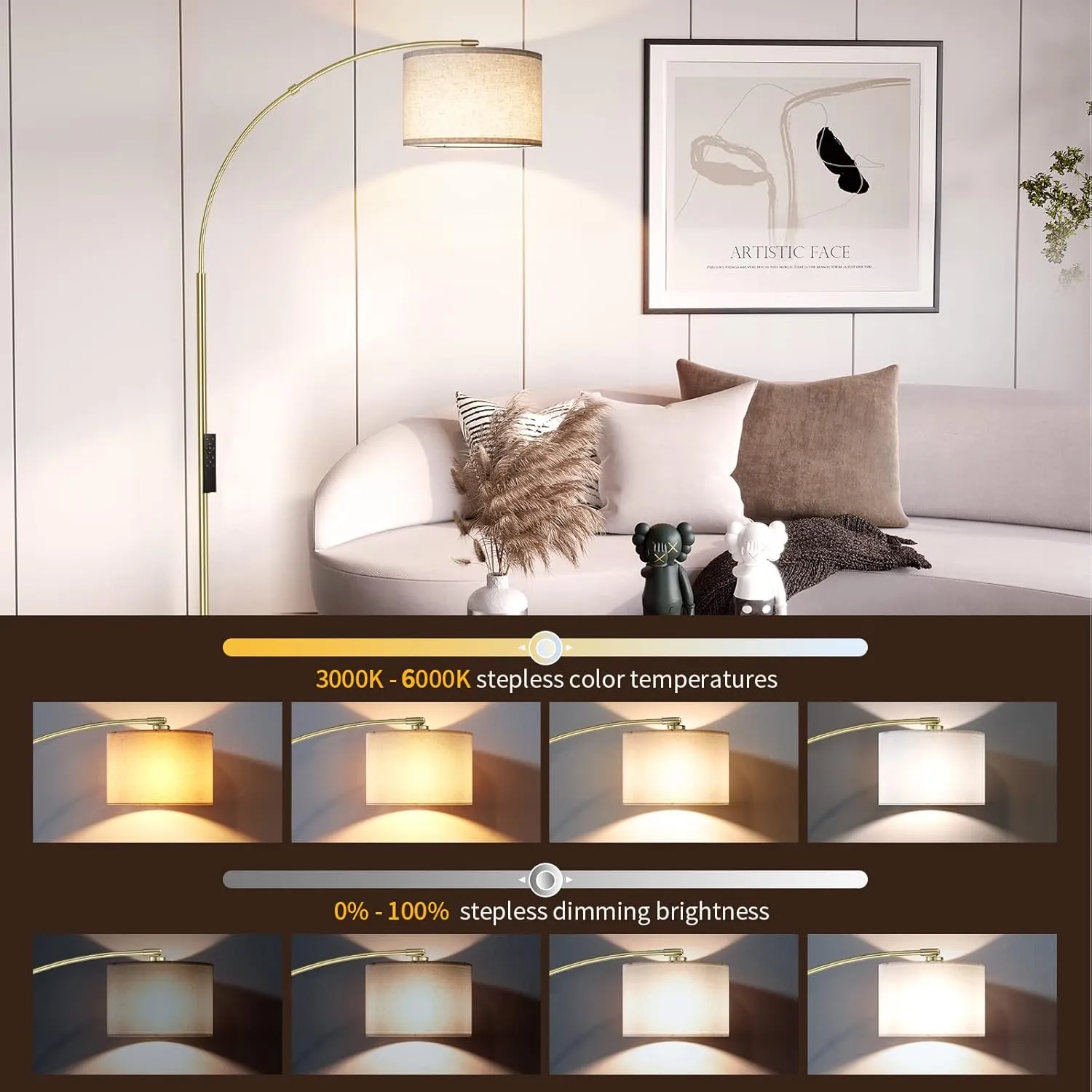 SUNMORY Arc Floor Lamp with Remote,Modern Floor Lamp with Stepless Dimmable Bulb,75″Height Tall Lamp for Living Room with Hanging Drum Shade and Weighted Base.Mid Century Standing Lamp for Bedroom.