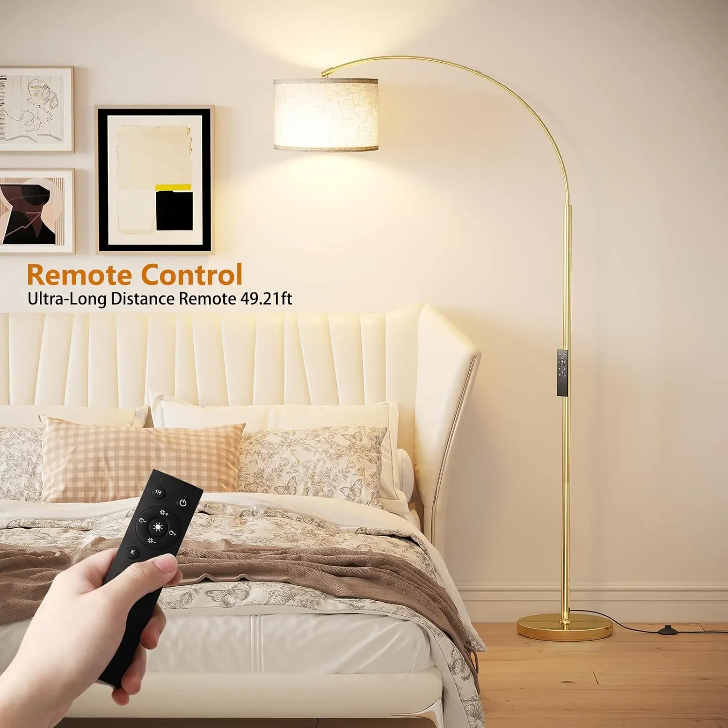 SUNMORY Arc Floor Lamp with Remote,Modern Floor Lamp with Stepless Dimmable Bulb,75″Height Tall Lamp for Living Room with Hanging Drum Shade and Weighted Base.Mid Century Standing Lamp for Bedroom.