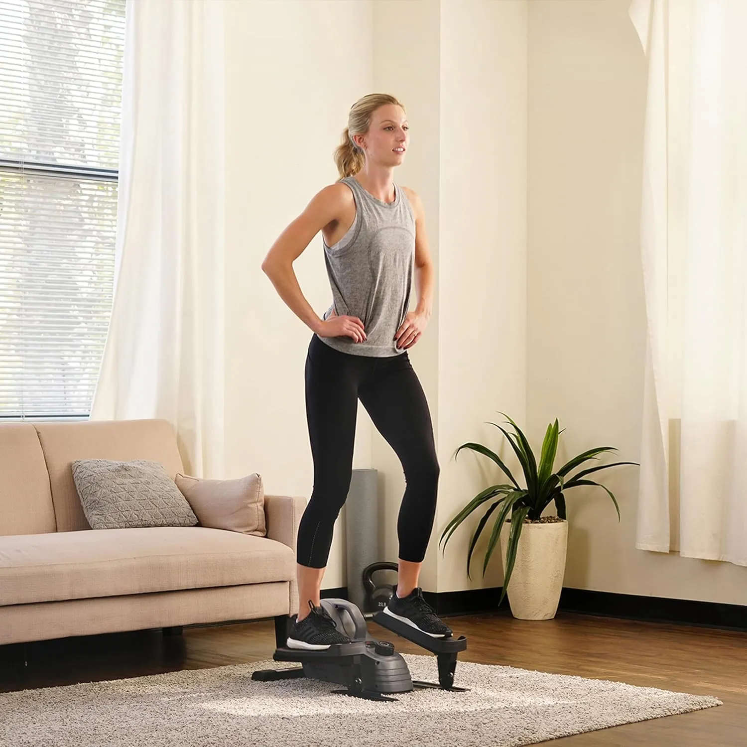 Sunny Health & Fitness 2-in-1 Sit/Stand Mini Elliptical Machine, Portable Under Desk Peddler Exerciser for Senior Home Workout, Optional Free Sunnyfit App Bluetooth Link, Handlebars or Resistance Band
