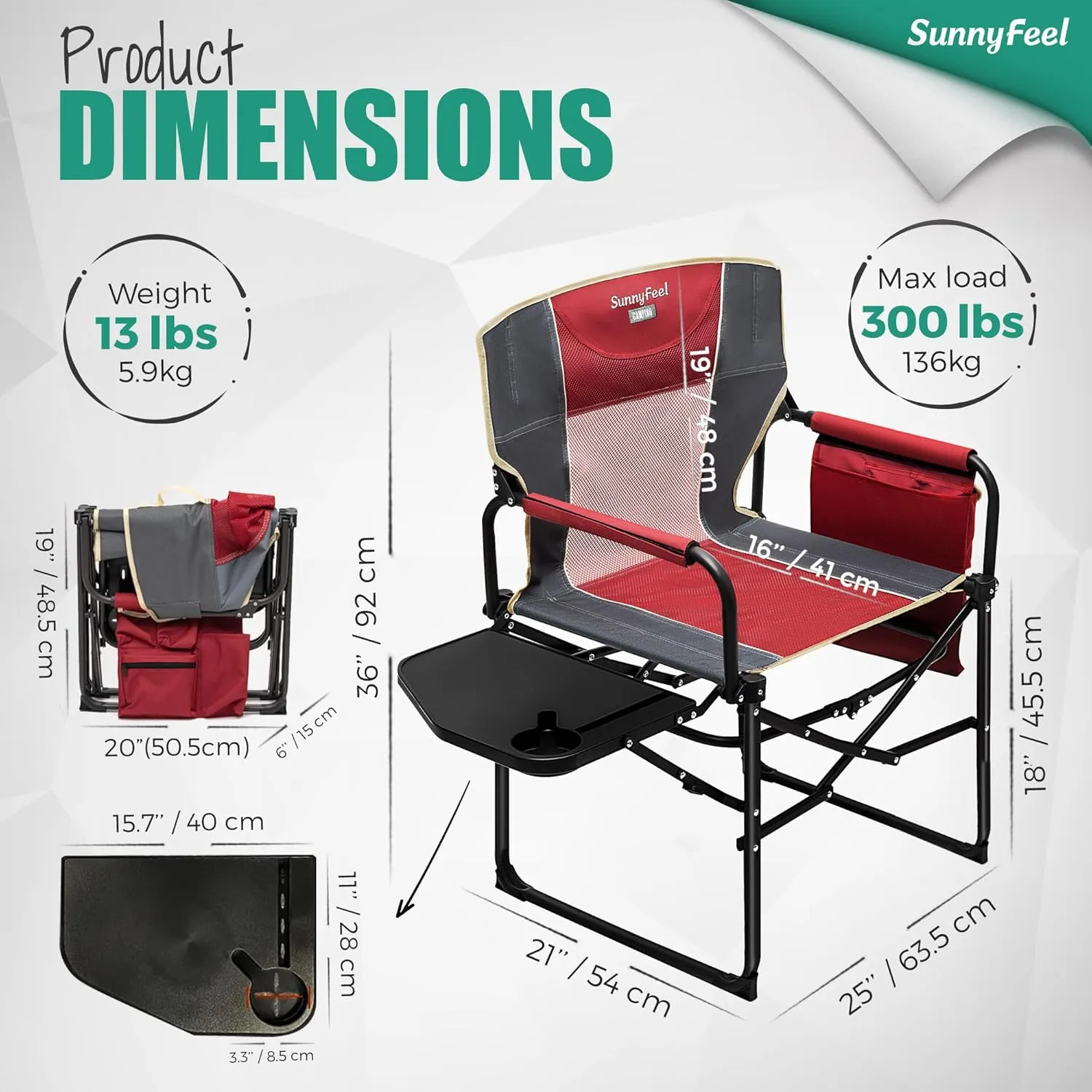 SUNNYFEEL Oversized Camping Directors Chair, Portable Folding Lawn Chairs for Adults Heavy Duty with Side Table,Pocket for Beach, Fishing,Picnic,Concert,Tailgating, Outdoor Foldable Camp Chair