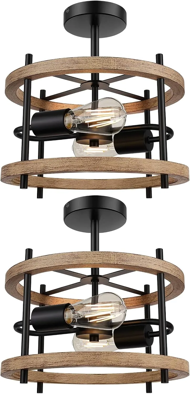 SunRider 2 Pack 2-Light Semi Flush Mount Ceiling Light Fixture, Rustic Farmhouse Washed Wood Ceiling Lights, Retro Oak Light Fixtures, Industrial Ceiling Lighting for Living Room, Bedroom