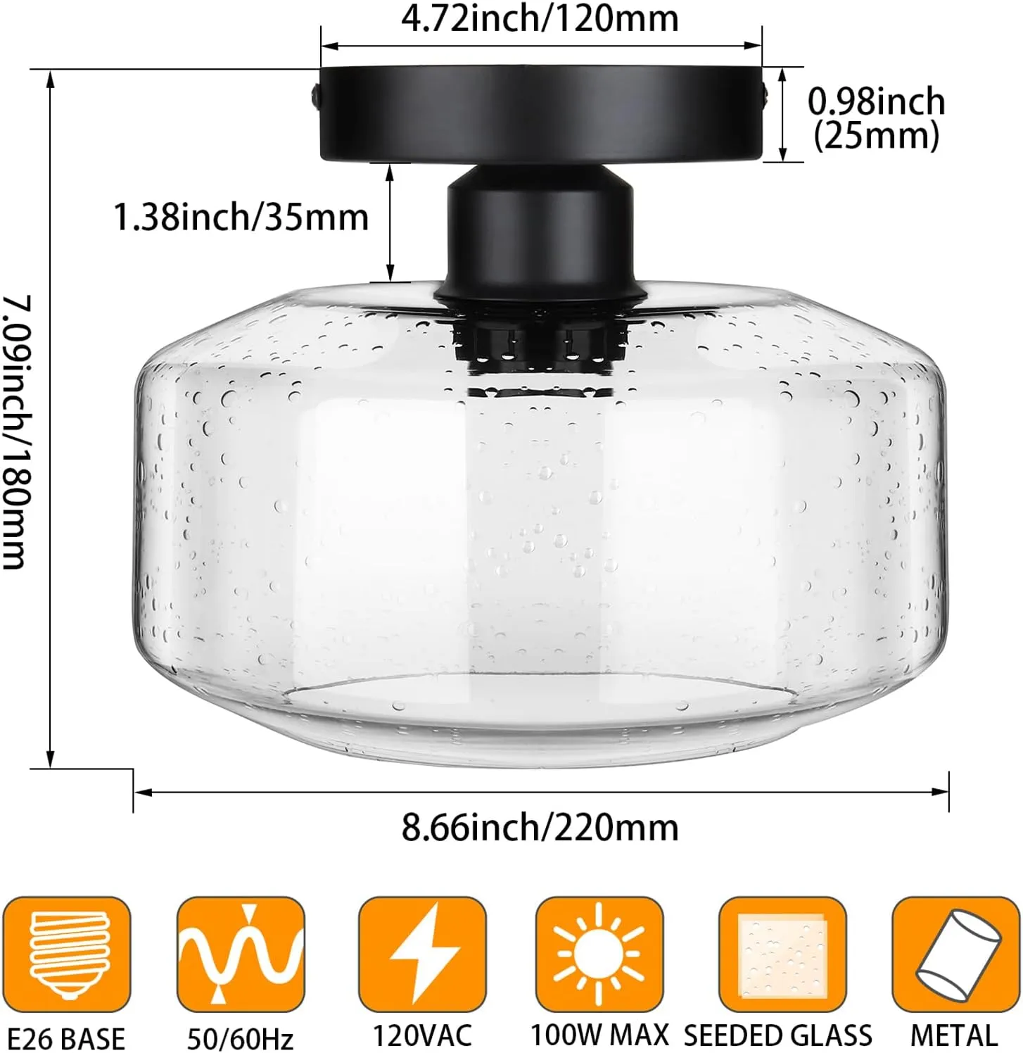 SunRider Industrial Semi-Flush Mount Ceiling Light Fixture, Modern Seeded Glass Pendant Lamp, Black Farmhouse Hanging Lighting for Bedroom Hallway