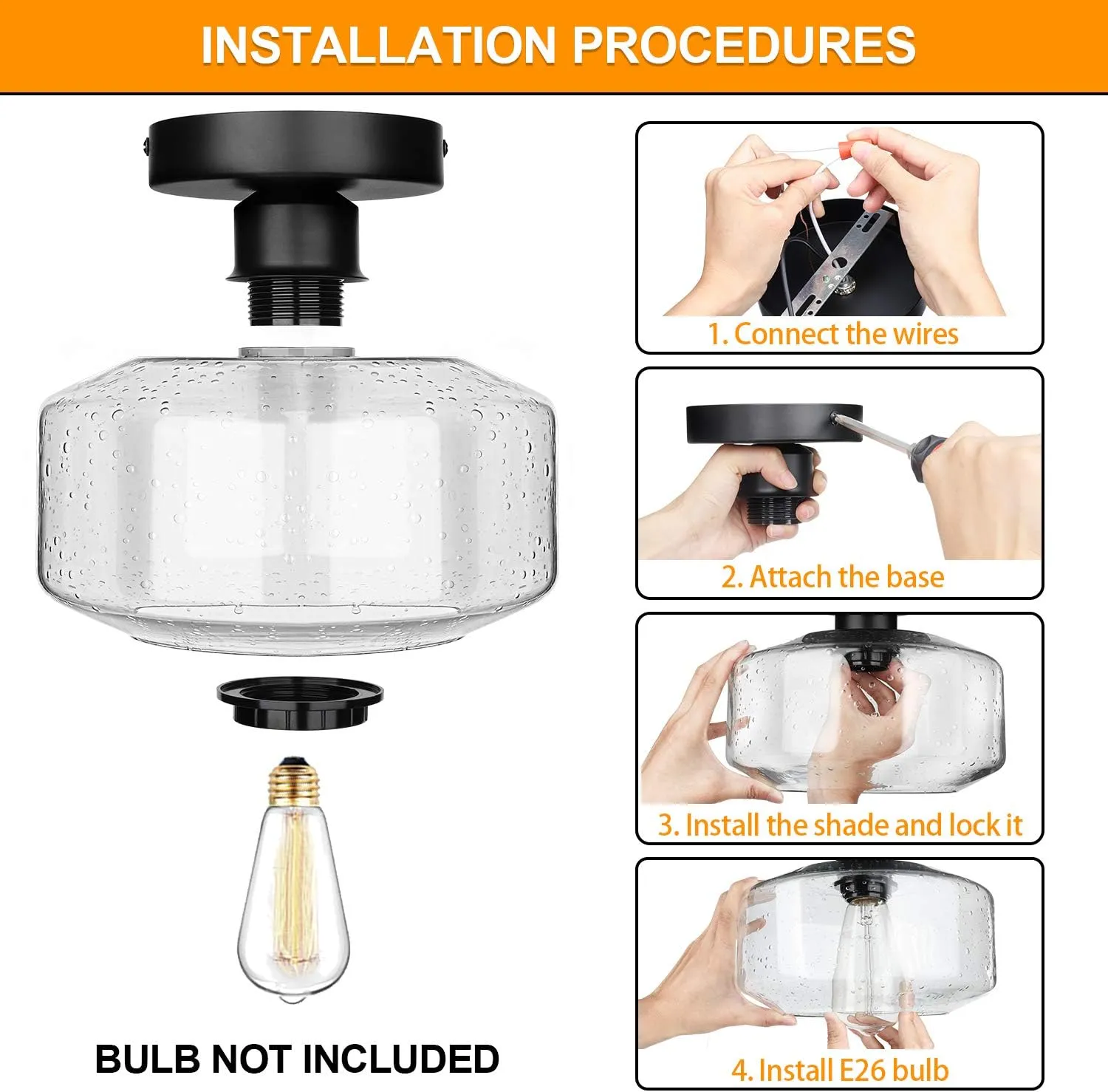 SunRider Industrial Semi-Flush Mount Ceiling Light Fixture, Modern Seeded Glass Pendant Lamp, Black Farmhouse Hanging Lighting for Bedroom Hallway